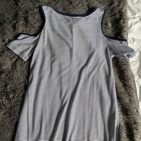 Off the Shoulder Navy Striped T-shirt Dress - Picture 3 of 3